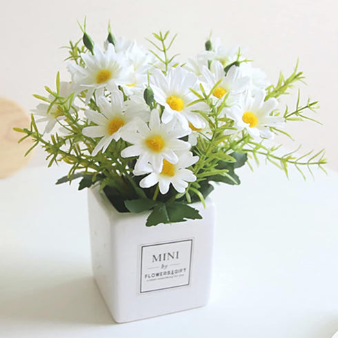 AIFUSI Artificial Flowers, Mini Silky White Daisy Decor in Vase for Home Indoor Centerpiece