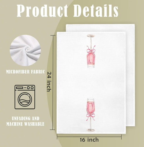 AQYIP 16x24 Inch Set 2 Pink Bow Champagne Kitchen Towels, Coquette Pink Kitchen Decor, Alcohol Gifts Hand Towels