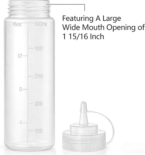 12 pack 16 Oz Bekith Wide Mouth Plastic Squeeze Condiment Bottles with Twist On Cap Lids and Discrete Measurements