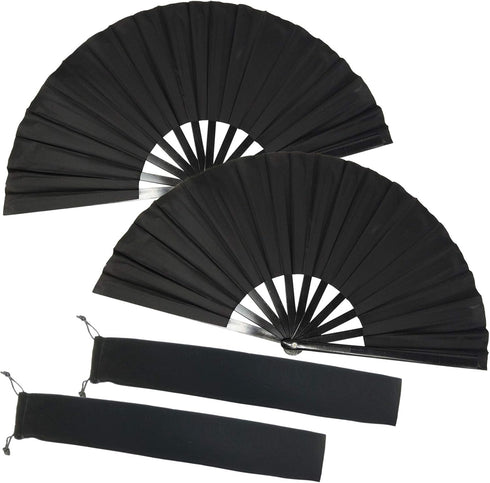 TIHOOD 2PCS Large Folding Silk Hand Fans - Black Chinese Tai Chi Fans for Men and Women Performance, Dance, Gift