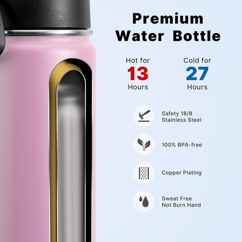 koodee 12 oz Stainless Steel Water Bottle, Double Wall Vacuum Insulated Flask with Wide Handle Straw Lid (Light Pink)