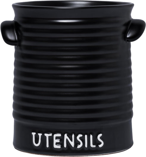 Kitchen Utensil Holder for Countertop, 6.4" Large Ceramic Crock with Cork Mat, Modern Spatula Organizer