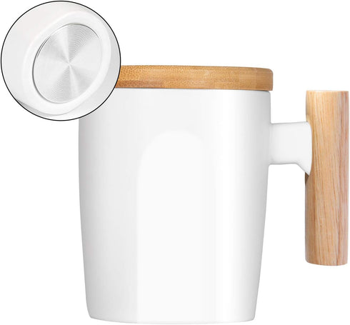 HOWAY Flat Bottom Mug with Wood Lid, Ceramic Tea Cup for Coffee