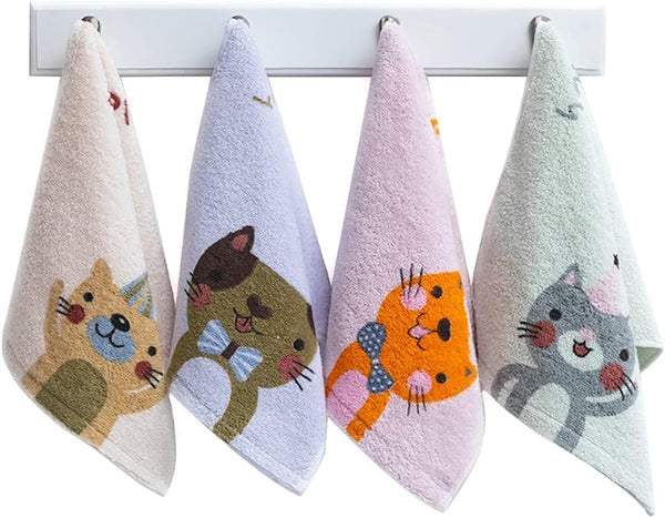 Kissvian 4-Pack Cartoon Cat Hand Bath Towel Set, Fingertip Bath Towels for Home,