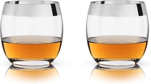 Viski Irving Chrome Rim Crystal Lowball Tumblers - Set of 2, 9 oz Gold Rimmed Cocktail Glass Gift Set