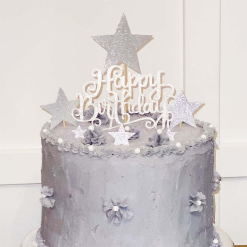 Allazone 1 PCS 'HAPPY BIRTHDAY' Cake Topper & 7 PCS Pentacle Stars Cake Toppers Decoration, Silver
