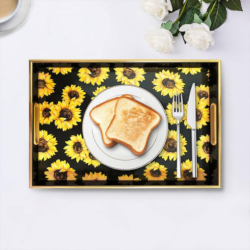 Set 2, Sunflower Black Decorative Tray of Plastic Serving Tray with Handles, Rectangular Coffee Table Tray, Nesting