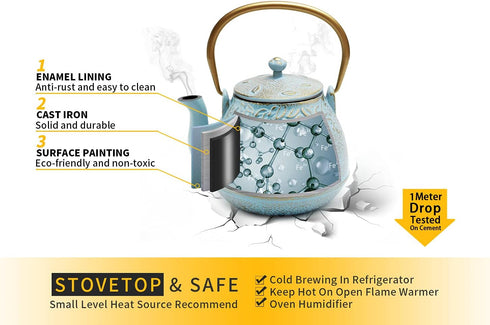 32 (950 ml), TOPTIER Japanese Cast Iron Tea Kettle with Stainless Steel Infuser, Cast Iron Teapot Stovetop Safe, Leaf