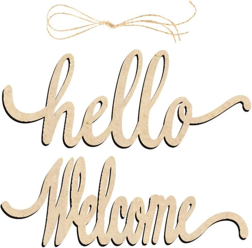 Hello Welcome Wood Sign Cutout, Wooden Letter Sign DIY Block Words for Home Door Wall Art Decoration