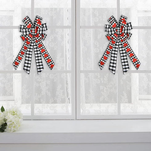 Hying Large Valentine's Day Bows for Wreath, Black White Buffalo Plaid Bows with Glitter Red Hearts for Decorations