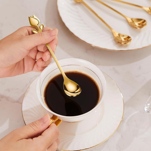 Gold Tulip/Rose Handle Mini Coffee Spoons Set, 12-Pcs Stainless Steel for Espresso, Tea, Dessert - Ideal for Small