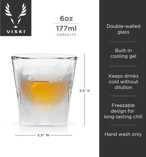Viski Glacier Whiskey Glass - Double Walled Chilling Glass, 6 Ounces, Clear Glass, Set of 1