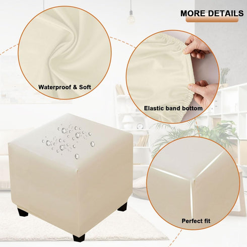 Waterproof Ottoman Cover Square Stretch PU Soft Folding Storage Ottoman Cover with Elastic Bottom Cube Footrest Foot