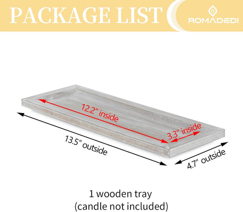 13.5 inch Romadedi Wooden Decorative Tray Candle Holder - Wood Long Narrow Tray Home Decor Small Rustic Farmhouse