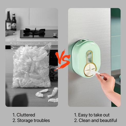 Fresh Keeping Film Store Container Organizers with 100 Stretchable Plastic Wrap, Wall Mounted No Drilling Shower Cap