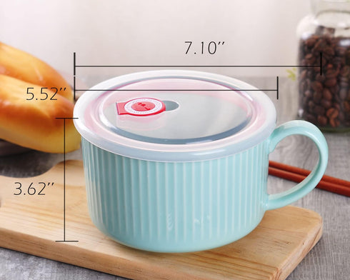 WHJY 30oz Ceramic Bowl with Lid and Handle for Soup and Instant Noodles Soup Mug, Modern Simple Style, with Heat Preservation Handle - Blue by WHJY