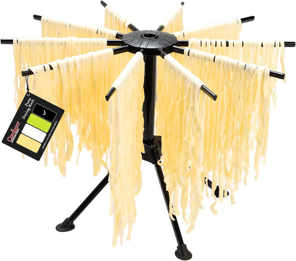 Cambom Foldable Pasta Drying Rack - Plastic Spaghetti Noodle Dryer with 10 Bar Handles, Black