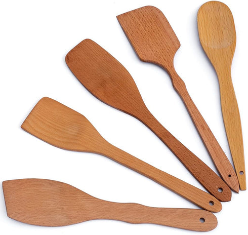 Nonstick Wooden Spoons for Cooking, 5 European Premium Spoons Set, 100% Healthy and Natural Wooden Utensils