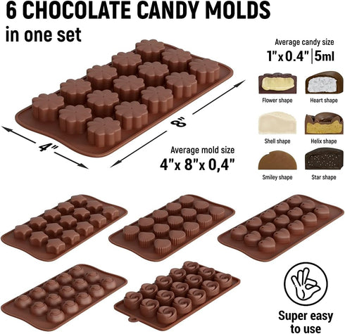 Chocolate Molds Silicone - Set of 6, Non-Stick & Food Grade Candy Molds for Chocolate, Jelly Candies, Truffles