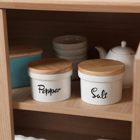 HAOTOP Salt and Pepper Bowls, 12.5 oz Ceramic Container with Wooden Lid for Countertop, Farmhouse Kitchen Decor