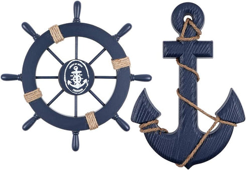 MDLUU Wooden Nautical Ship Steering Wheel, 11" Navy Blue Helm Wheel, Small Ship Rudder and Anchor Wall Decor Set