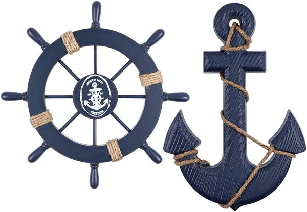 MDLUU Wooden Nautical Ship Steering Wheel, 11" Navy Blue Helm Wheel, Small Ship Rudder and Anchor Wall Decor Set