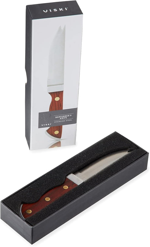Viski Bartender Knife, 7 Inch, Acacia Wood Handle, Double Tipped Stainless Steel Blade, Set of 1