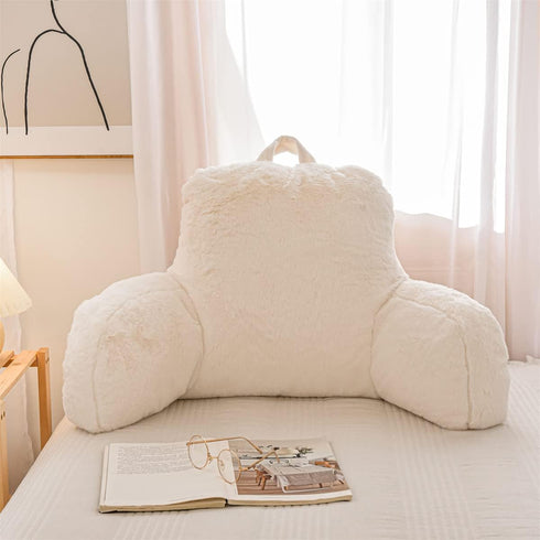 NTBED Reading Pillow Faux Fur Bed Wedge Backrest with Arms,Couch TV Relax Bed Rest Pillow Back Support Cushion for Kids