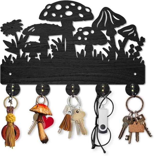 Mushroom Wall Mounted Coat Rack, Wildflower Meadow Wood Key Hooks for Wall, 11.8×7.9inch Black Key Holder Hanger Decor