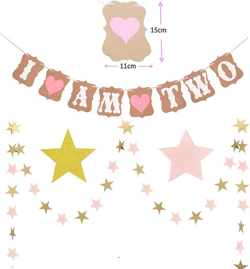 Birthday Decoration Set - Baby Party Crown, 2 st Birthday Party Hat, Princess Tiara, Cake Topper, Star Banner, Pink