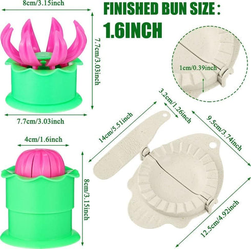 5 Pieces Dumpling Maker Set - Bun Maker, Steam Filled Plastic Mold, and Filling Spoon for Cooking (Green, Pink)