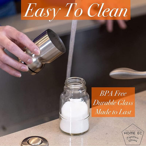HOME EC Original Glass Salt and Pepper Shakers Set with Adjustable Pour Holes, Stainless Steel