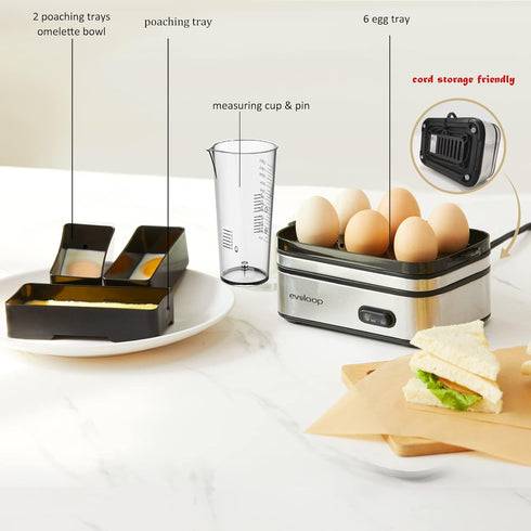 6 Evoloop Rapid Egg Cooker Electric Eggs Capacity, Soft, Medium, Hard Boiled, Poacher, Omelet Maker Egg Poacher
