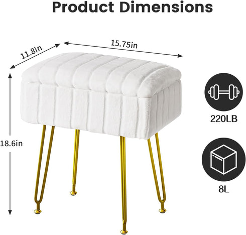 FUXA 4 Vanity Stool Chair with Storage, White Faux Fur Makeup Chair with Metal Legs and Anti-Slip Feet, Soft Padded