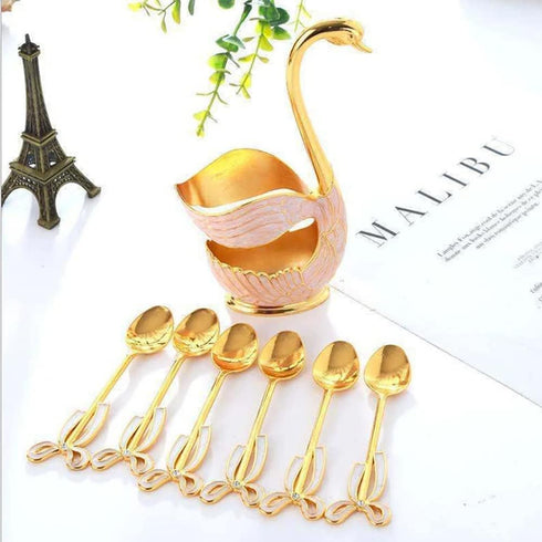 6PCS Coffee Spoons Set, Dessert Spoons with Swan Base Holder, Stainless Steel Small Spoons for Ice Cream