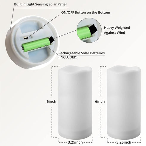 Set, 3.25" 6" NURADA Large Outdoor Solar Powered Candles - Flameless Pillar Waterproof Rechargeable Candle White Resin