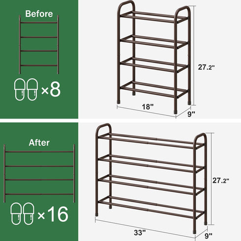 kiplant Closet, 4-Tier_Long) Metal Shoe Rack, Expandable Metal Shoe Rack for Entryway & Hallway (Brown