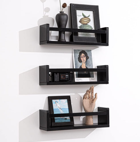 16 Inch Set 3 AZSKY Black Nursery Shelves of Wooden Floating Wall Bookshelf for Kids Nursery Shelves for Wall,Bathroom