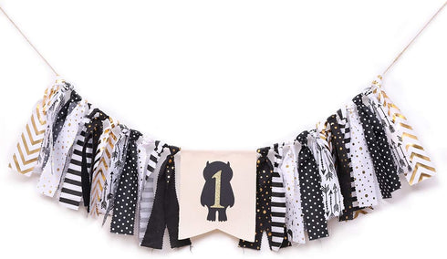 WAHAWU 1st 1st) Wild One Banner for Birthday - Black and Gold , Baby Boy's Shower Decorations , Photo Decoration Props