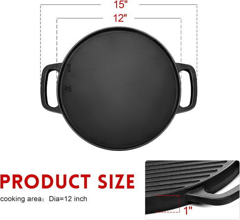 GGC Cast Iron Reversible Griddle, 12 Inch Griddle Pan for Stove Tops, Double-sided Baking Flat and Ribbed