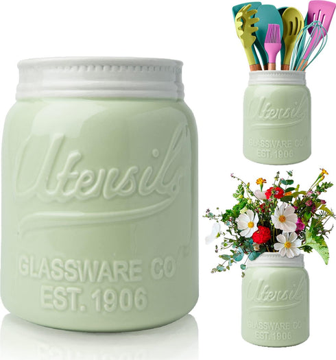 Comfify Wide Mouth Mason Jar Utensil Holder, Decorative Kitchenware Organizer Crock, Green, Large Size 7" Height