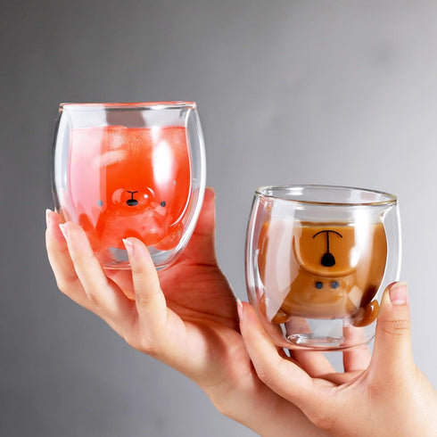 Bear Cute Mugs Kawaii Double Wall Glass Coffee Tea Cup, Funny Novelty Gift for Women, Birthday, Christmas