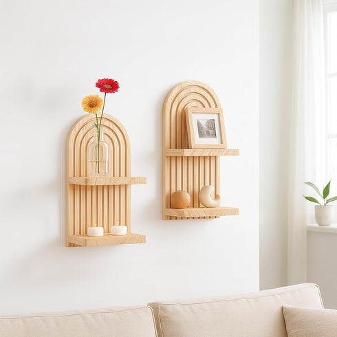 2 Pack 2 Artilady Boho Wall Hanging Shelves - Tier Handmade Rainbow Arch Solid Wood Floating Shelf Wall Decor Trinket