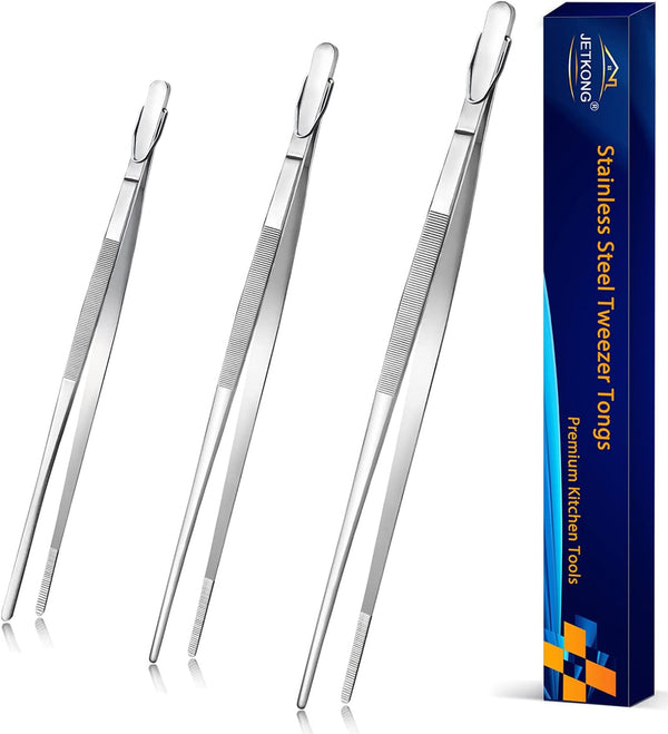 JETKONG Set of 3 Extra Long Kitchen Tweezers, Heavy Duty Stainless Steel Cooking Tweezers (9, 12, 14 Inch, Silver)