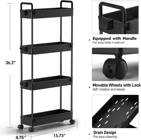SOLEJAZZ 4 Tier Slim Storage Cart, Mobile Bathroom Organizer, Rolling Utility Cart, Black