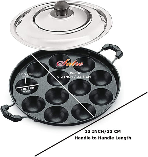 Satre Online And Marketing Non Stick Aluminium Appam Pan with Steel Lid, 12 Pits, Black & Silver by Satre Online And Marketing