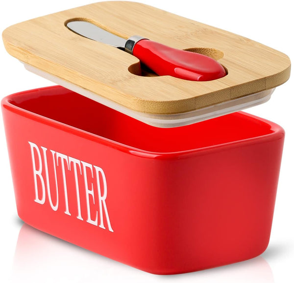 Hasense Large Butter Dish with Lid and Knife, Airtight Butter Keeper Container for Countertop, Red