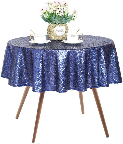 JYFLZQ Navy Blue Sequin Tablecloth, 50" Small Round Sparkly Glitter Table Cover for Graduation, Retirement, Birthday