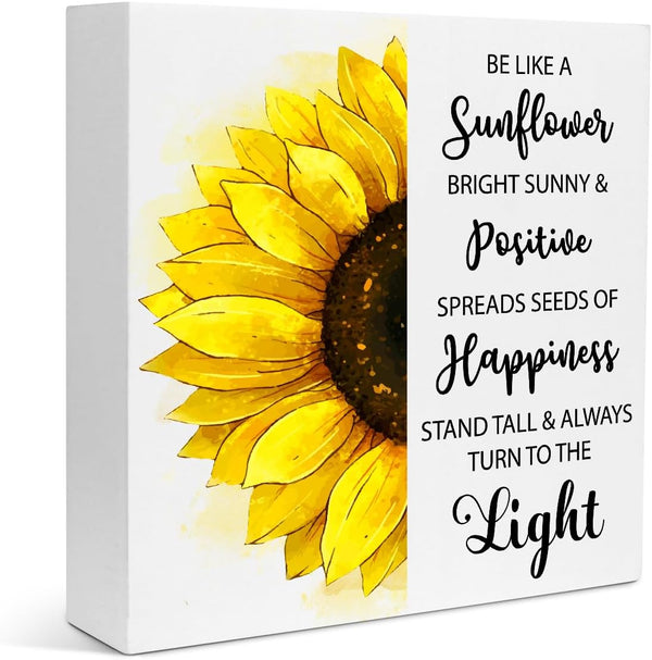 Creoate Inspirational Wood Block Sign Desk Decor - Be Like a Sunflower, Positive Uplifting Decor for Home