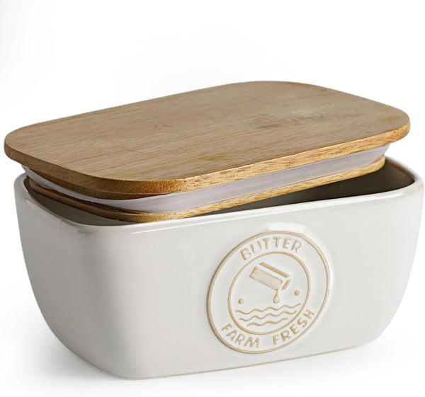 Getstar Ceramic Butter Dish with Acacia Lid, Silicone Sealing, Large Butter Keeper Container for Countertop